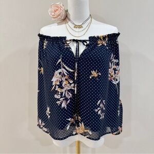 Polka Dot Floral Open Shoulder Bell Sleeve Top Flowy Boho Chic Sz M